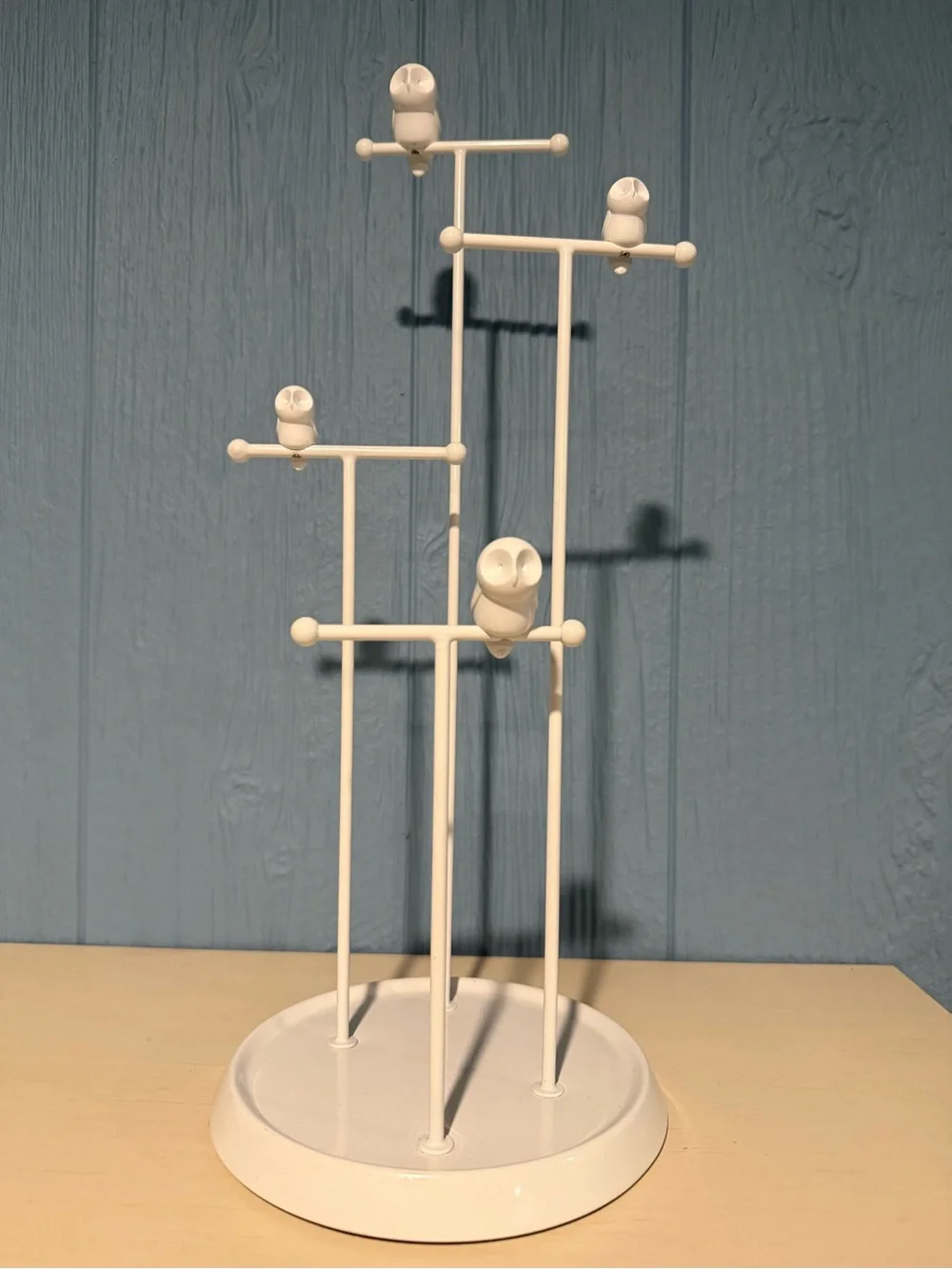 Vintage White Metal Owl Themed Jewelry Tree Stand